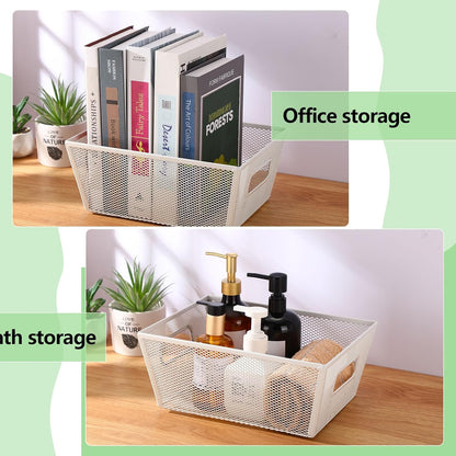 Maxdot 4 Pcs Wire Storage Basket with Handle Metal Baskets Wire Mesh Pantry Organizers for Cabinet Kitchen, Laundry, Bathroom Makeup Snacks Containers(White)