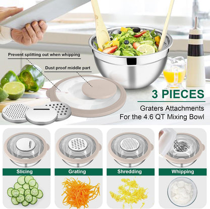 E-far Mixing Bowls Set of 5, Stainless Steel Salad Mixing Bowl with Transparent Lid, Metal Nesting Bowl Attach with 3 Graters for Kitchen Prepping/Serving/Baking/Storage, 4.6/2.6/1.5/1/0.7 QT - Black