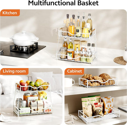 3 Tier Fruit Basket for Kitchen Countertop with 2 Banana Hangers,Detachable Metal Fruit Bowl with Wooden Handles and Protective Pads,Large Capacity Fruit and Vegetable Basket Organizer,Black