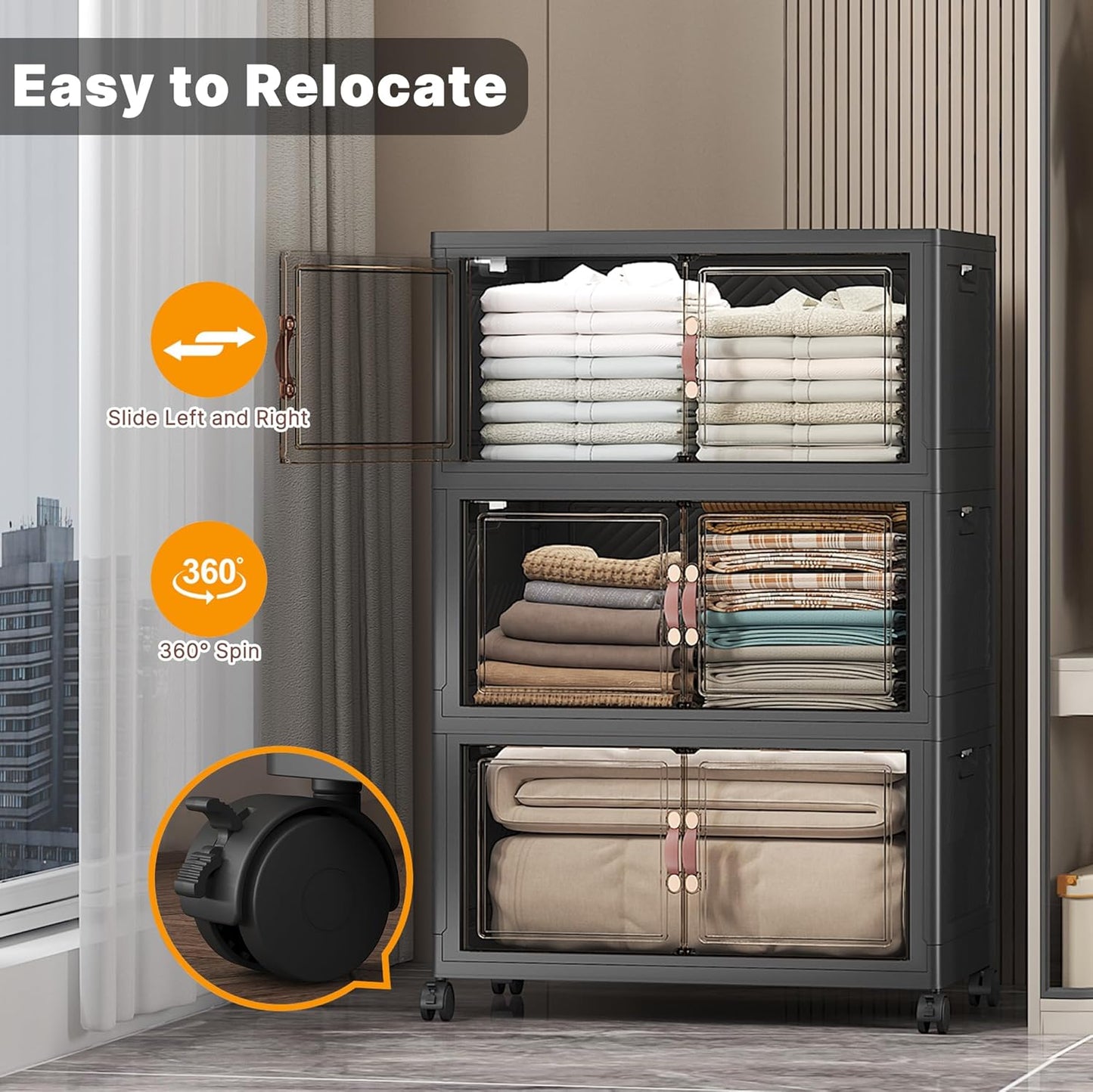 UAMFURI 720QT Stackable Storage Bins with Lids, Extra Large Storage Cabinet with Doors and Wheels, Collapsible Plastic Storage Box for Bedroom Dorm Office Garage