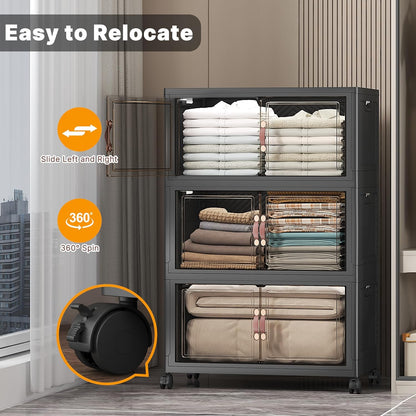 UAMFURI 720QT Stackable Storage Bins with Lids, Extra Large Storage Cabinet with Doors and Wheels, Collapsible Plastic Storage Box for Bedroom Dorm Office Garage