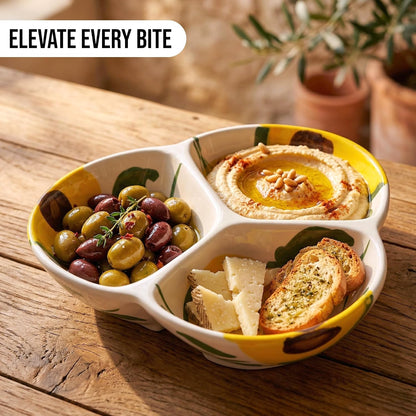 Ceramic Chip & Dip Bowl 7.5”, 3-Compartment Divided Serving Dish & Condiment Tray for Appetizers – Handmade in Spain, Lead-Free Glaze, Microwave, Oven & Dishwasher Safe