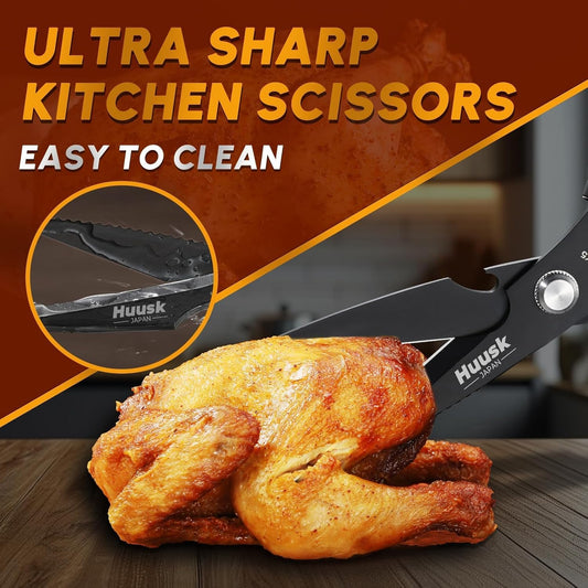 HUUSK Kitchen Scissors All Purpose - Stainless Steel Kitchen Shear, Sharp Silver Meat Scissors Dishwasher Safe, Heavy Duty Poultry Shears, Japanese Cooking Scissor for Food, Christmas Gifts for Women