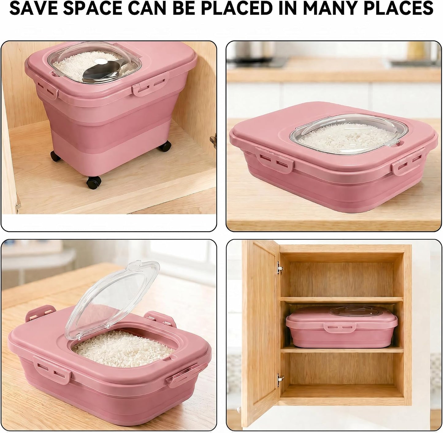 Rice Storage Container Collapsible 20-28 Lbs Food Storage Container with Rolling Wheels and Clear Airtight Lid. BPA Free Flour for Storing Rice, Flour, and Cat Dog Food Storage Container (Pink)