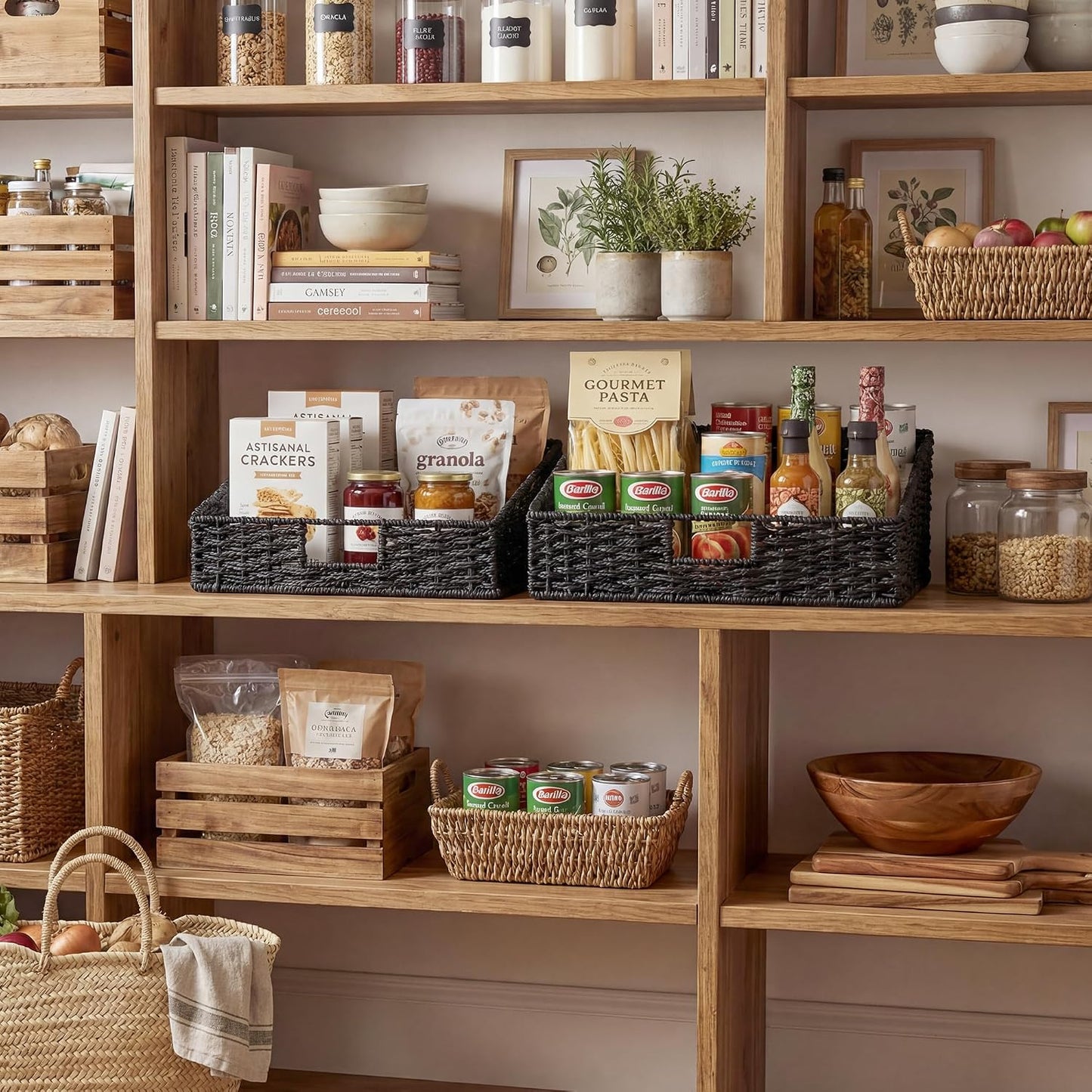 StorageWorks Water Hyacinth Pantry Storage Baskets, Wicker Baskets with Built-in Handles, Handwoven Shelf Baskets for Organizing, Pantry Organizers and Storage, 3 Pack