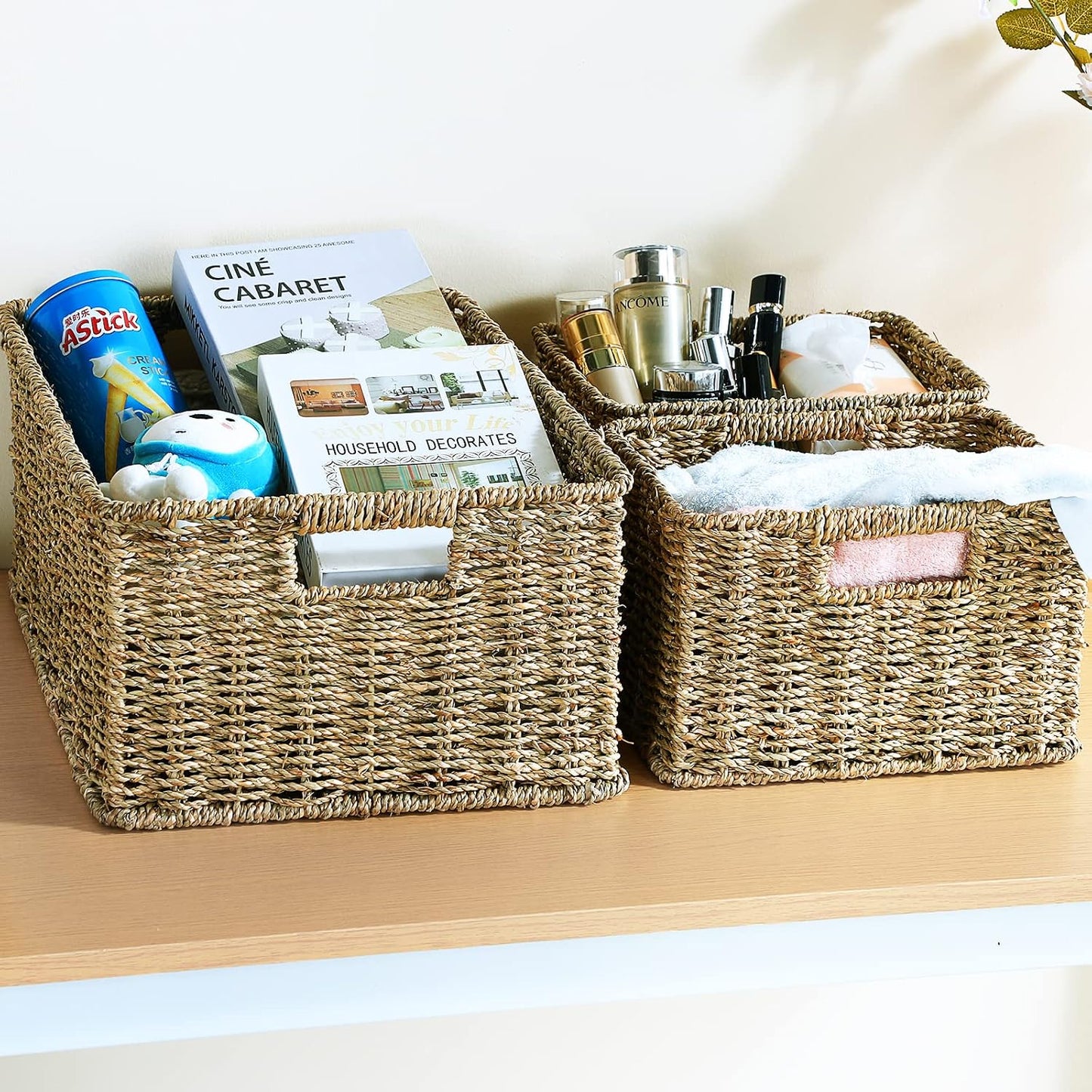 HOONEX Water Hyacinth Storage Baskets, Wicker Baskets for Storage, Hand Woven Baskets with Carry Handles, Set of 2, Natural