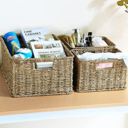 HOONEX Water Hyacinth Storage Baskets, Wicker Baskets for Storage, Hand Woven Baskets with Carry Handles, Set of 2, Natural