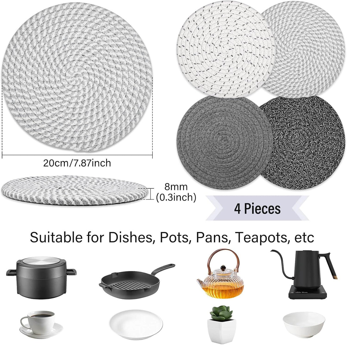 Tidponra Trivet Mats Set for Hot Dishes, 5 Heat Resistant Pot Holders Kitchen Counter, Table, Home Essentials, Anti Stain Hot Pads Plate Mats for Hot pots and Pans, 7 Inches