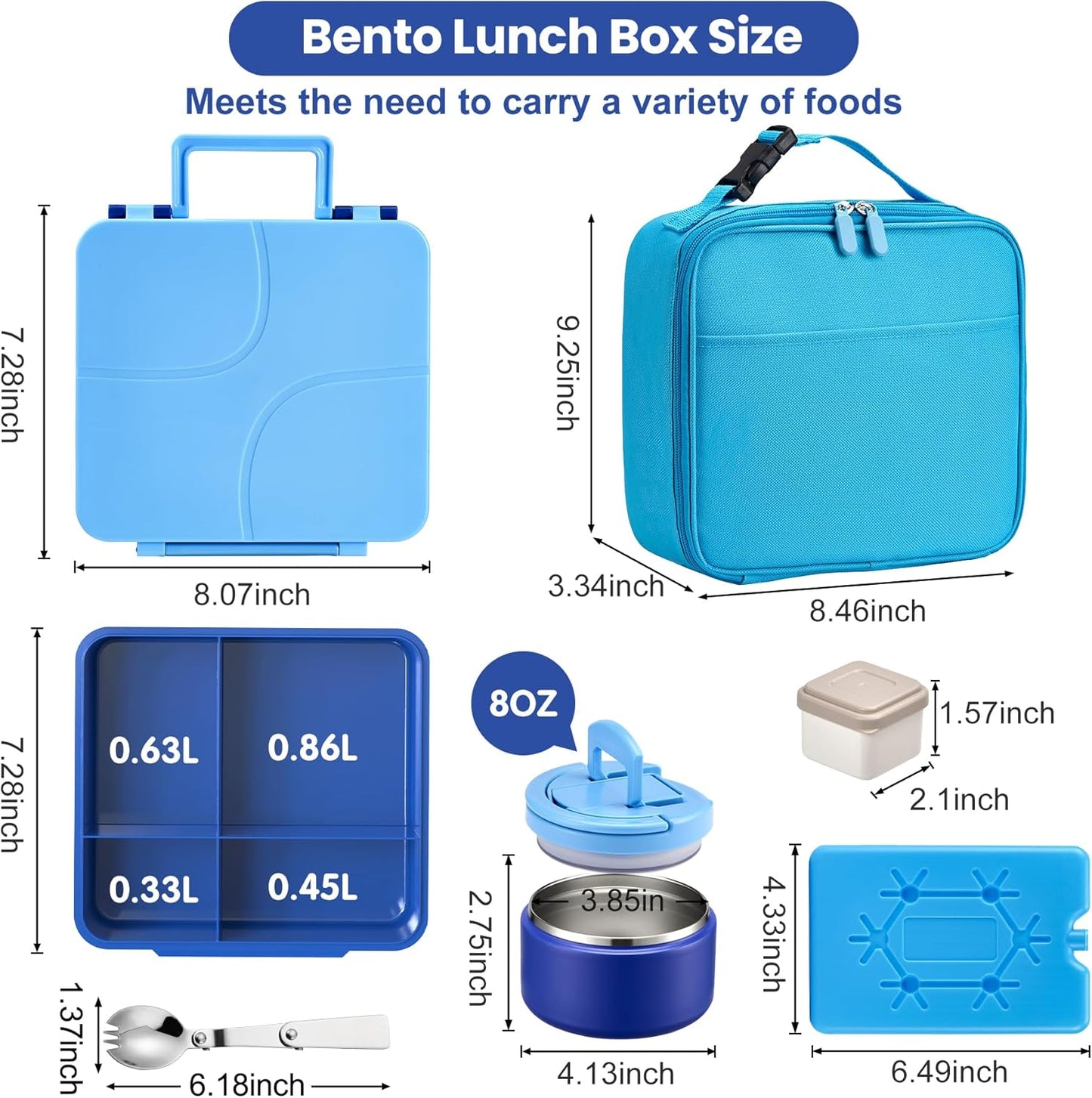 Bento Lunch Box with 8oz Soup Thermo,Kids Leakproof 4 Compartment Lunch Food Containers with Sauce Cup and Ice Pack,Kids Thermo Insulated Hot Food Jar and Lunch Bag for School,Trvael-Black
