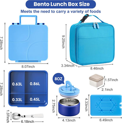 Bento Lunch Box with 8oz Soup Thermo,Kids Leakproof 4 Compartment Lunch Food Containers with Sauce Cup and Ice Pack,Kids Thermo Insulated Hot Food Jar and Lunch Bag for School,Trvael-Black