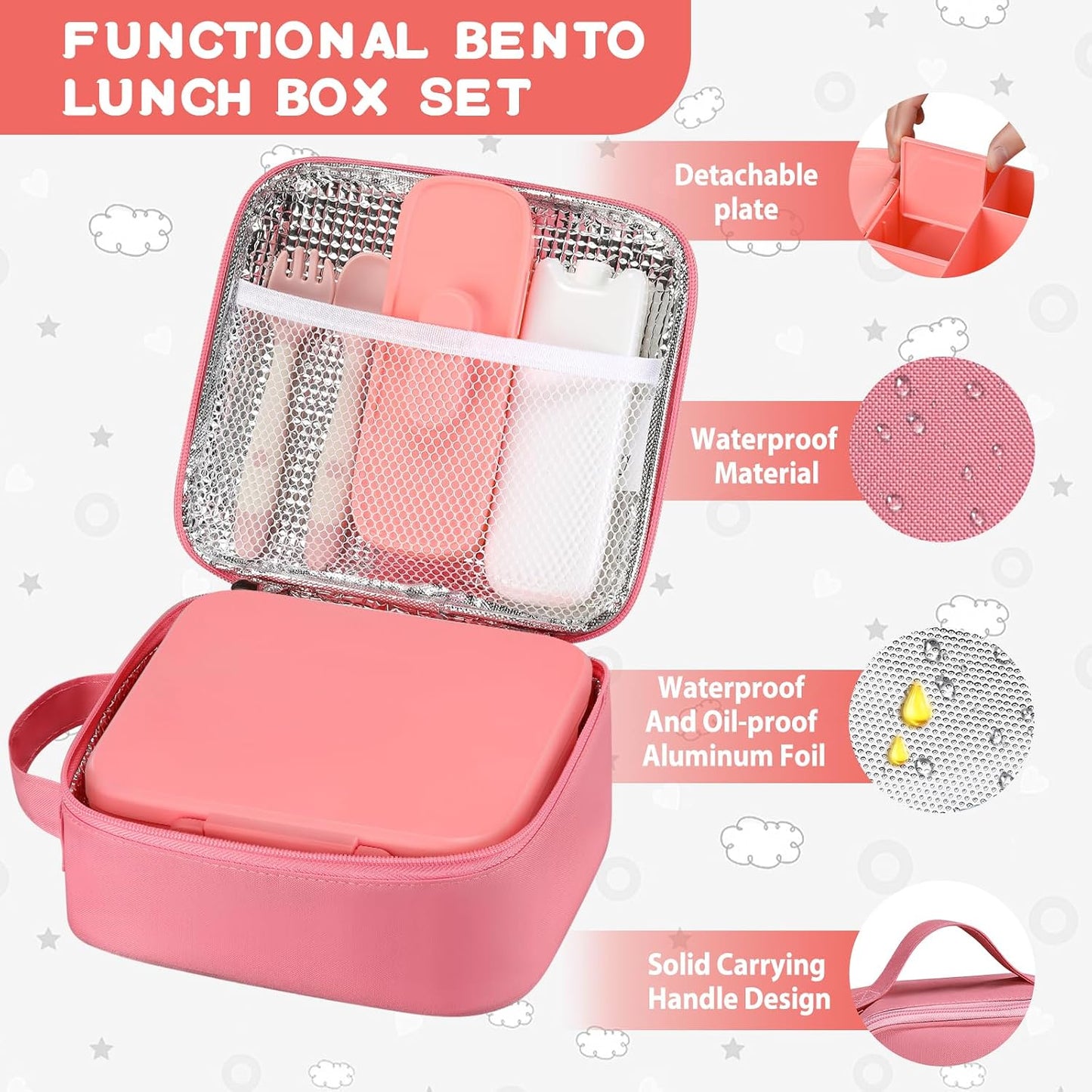 MAISON HUIS Bento Lunch Box with 8oz Soup Thermo and Insulated Lunch Bag, Kids Leakproof Lunch Food Containers with 5 Compartment, Boys Girls Thermo Hot Food Jar for Travel, School, BPA Free (Black)