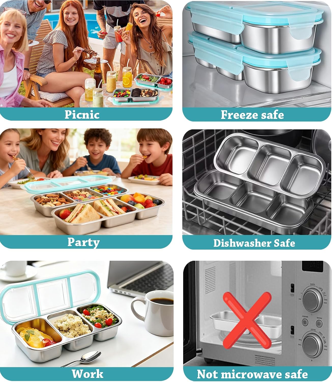 Snack Containers with Airtight Lids Reusable Stainless Steel 3-Compartment Metal Bento Lunch Box for Adults, Divided Food Storage Lunchable Meal Prep Containers, Snack Box with Spoon Sauce Jar