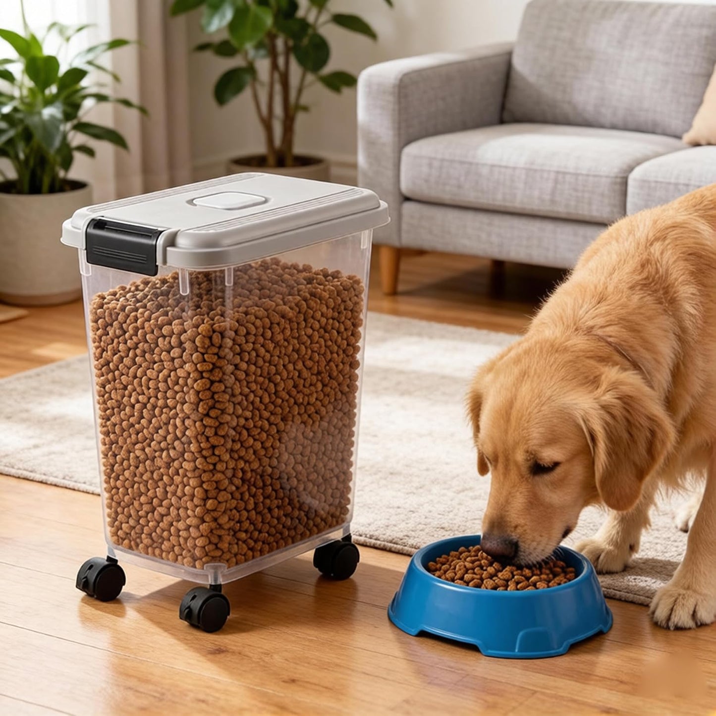 Dog Food Container Pet Food Storage, Airtight Seal Large Pet Storage Container with Lockable Wheels, Transparent Bin Gray (35lbs Rice/25lbs Flour) + Measuring Cup