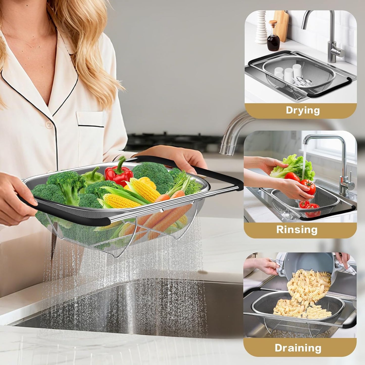 4-in-1 Colander with Bowl Set — Patented 360° Rotatable Strainer Bowl with 3 Graters, Snap-On Lid & Non-Slip Base, Funny Kitchen Present for Women, Aesthetic Pasta Fruit Vegetable Strainer (Beige)