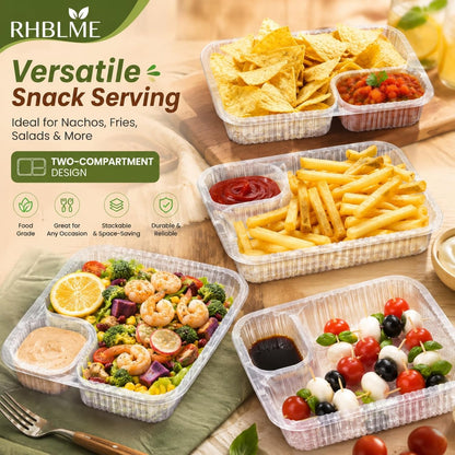 RHBLME 300 Pack Large 8"x6" Plastic Nacho Trays, 2 Compartment Disposable, Plastic Nacho Containers with Chip and Dip Holder for Party, Festivals, Kids, Theater