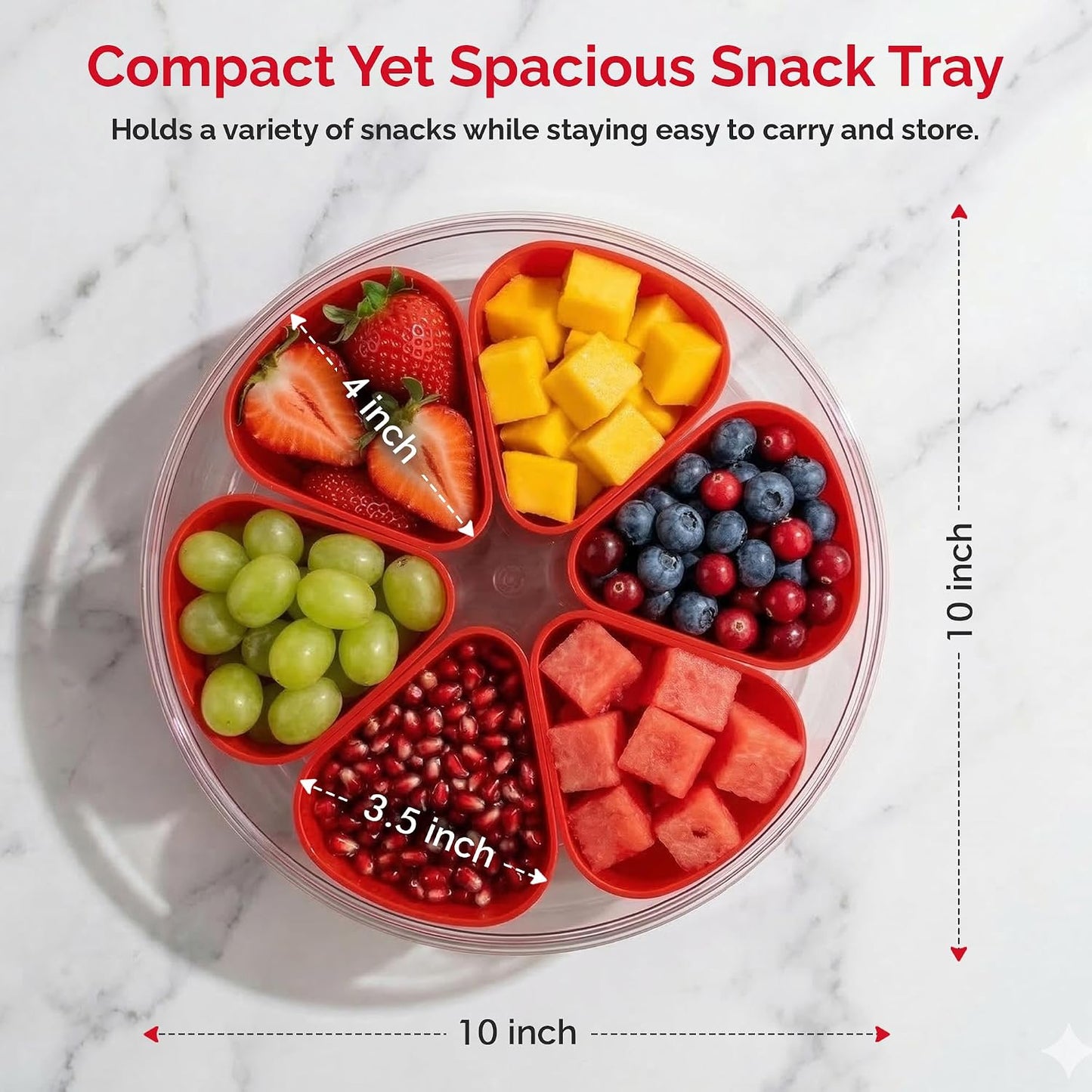 Divided Serving Tray with Lid,Stackable Snackle Box Strawberry Container for Fruits Candy Organizer, Portable Rounded Veggie Tray for Kitchen, Party, Trave and Picnic (Pink)