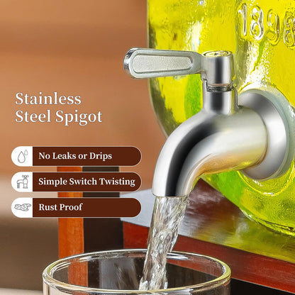 Drink Dispenser with Wood Stand and Lid,2 Gallon Glass Beverage Dispenser with Stainless Steel Spigot for Parties,Picnics,Barbecues,Lemonade,Sun tea Jar,ice coffee,Laundry Detergent Dispenser