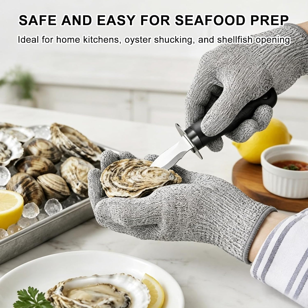 Oyster Knife Shucking Set with 2 Oyster Knives and 2 Pairs of Level 5 Cut Resistant Gloves, Safe and Easy Seafood Opener Kit for Kitchen Use, Oyster Shucking, and Gift Giving