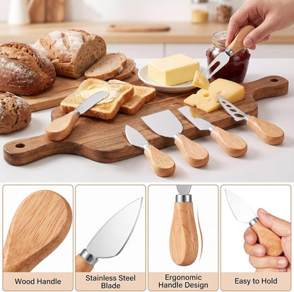 6 Pcs Cheese Knives Set with Wooden Handle, Mini Steel Stainless Cheese knife set for Charcuterie and Cheese spread, Perfect for Cheese Slicer and Butter Cutter