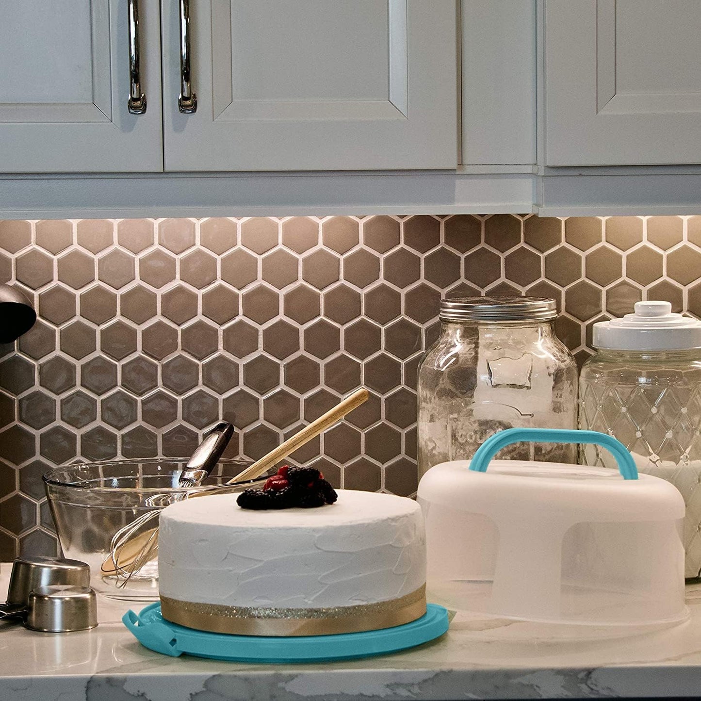 Top Shelf Elements Round Cake Carrier Two Sided Cake Holder Serves as Five Section Serving Tray, Portable Cake Stand Fits 10 inch Cake, Cake Box Comes With Handle, Cake Container Holds Pies (White)