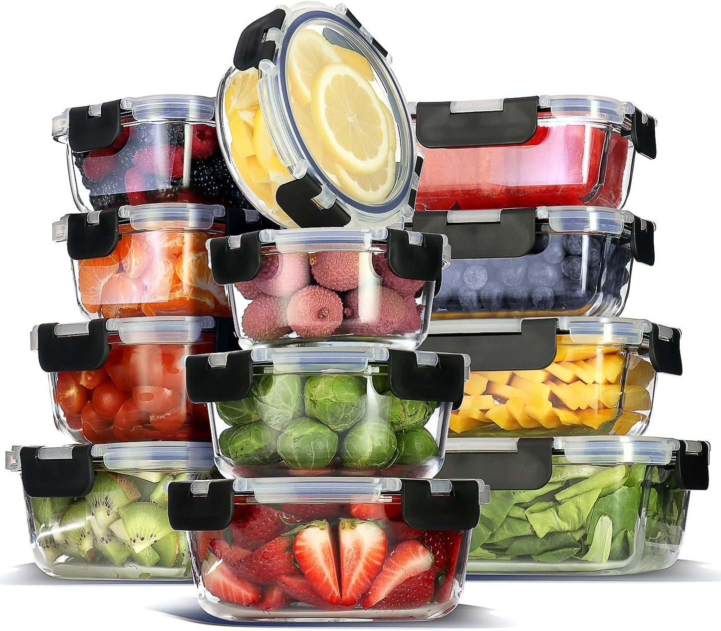 EATEX 48pc Glass Storage Containers with Lids, 24 Set Glass Food Storage Containers with 24 Airtight Lids, Pantry Kitchen Meal Prep Containers for Lunch, Freezer Storage Containers, Dishwasher Safe