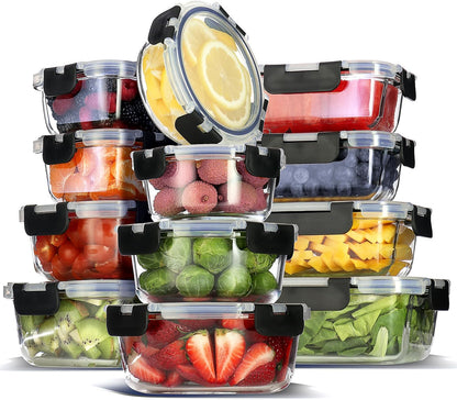 EATEX 48pc Glass Storage Containers with Lids, 24 Set Glass Food Storage Containers with 24 Airtight Lids, Pantry Kitchen Meal Prep Containers for Lunch, Freezer Storage Containers, Dishwasher Safe