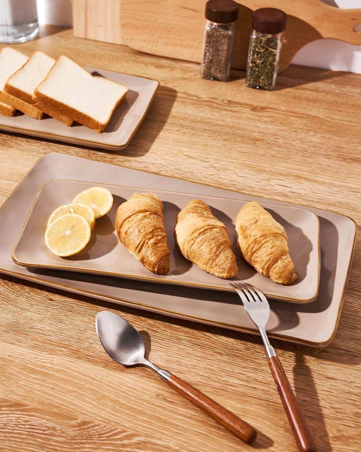 Famiware Serving Platter, Rectangular 15.67/14.1/12.6inch Serving Dishes for Entertaining, Microwave Dishwasher Safe, Stoneware Serving Trays for Party, Turkey, Cheese, Ocean Series, Cappuccino White