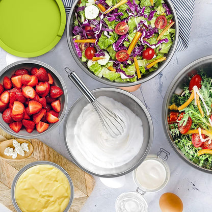 Wildone Mixing Bowls with Airtight Lids, 22 PCS Stainless Steel Nesting Bowls, with 3 Grater Attachments, Scale Marks & Non-Slip Bottom, Size 5, 4, 3, 2,1.5, 0.63QT, Ideal for Mixing & Prepping