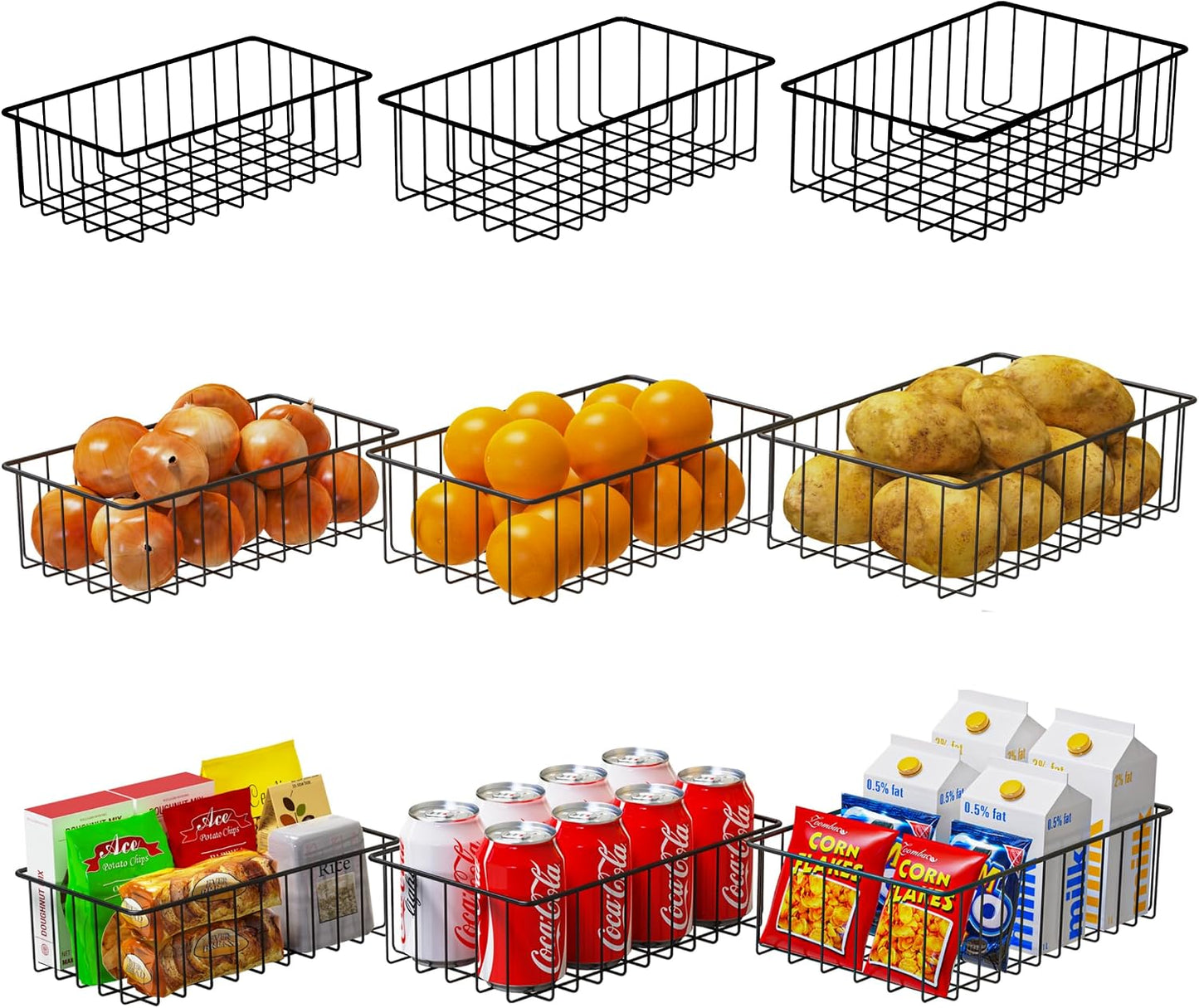 Joben Oligey 12 PACK (3 Szie) Small Wire Storage Baskets for Organizing,Pantry Organization Bins for Cabinets, Metal Basket for Kitchen, Bathroom Organizer (Black)