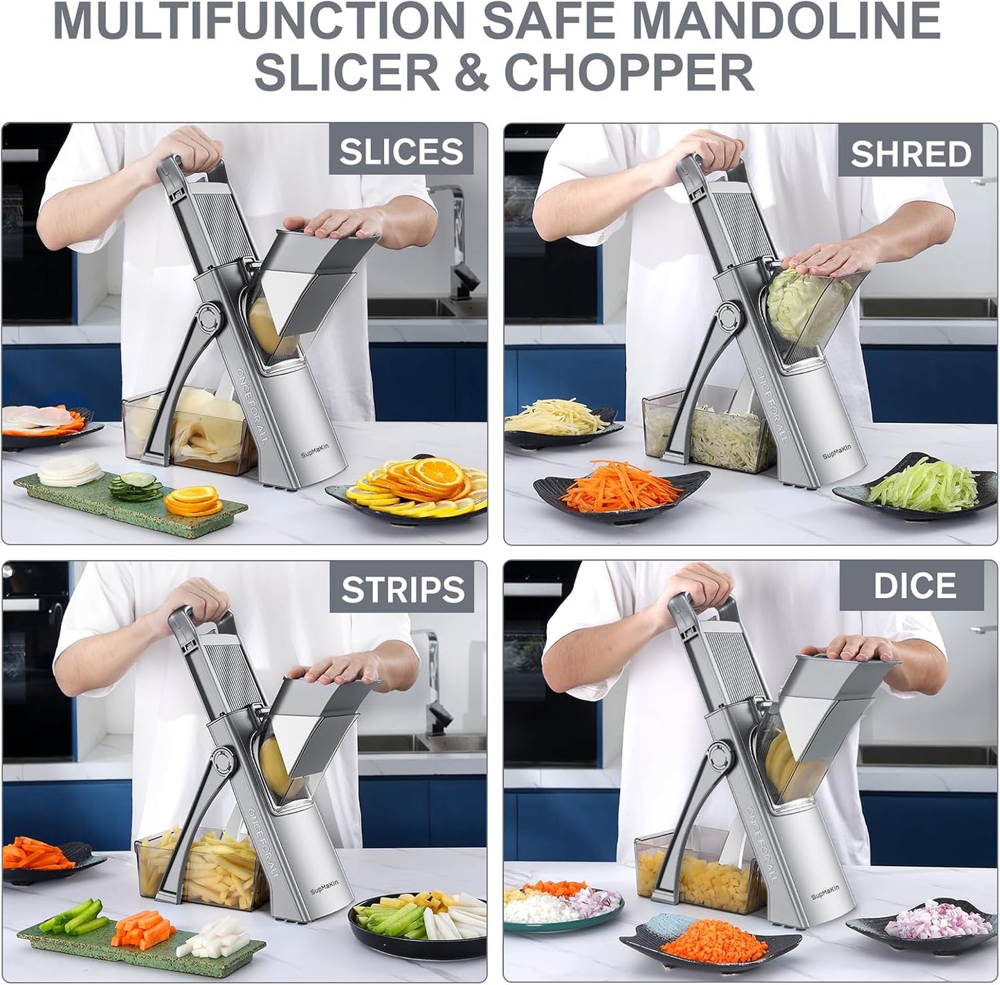 SupMaKin Upgrade Safe Mandoline Slicer Plus, Vegetable Chopper, Potato Slicer, Food Slicer Onion Chopper, Fry Cutter, Veggie Salad Dicer Kitchen Chopping Artifact Gifts (Blue)