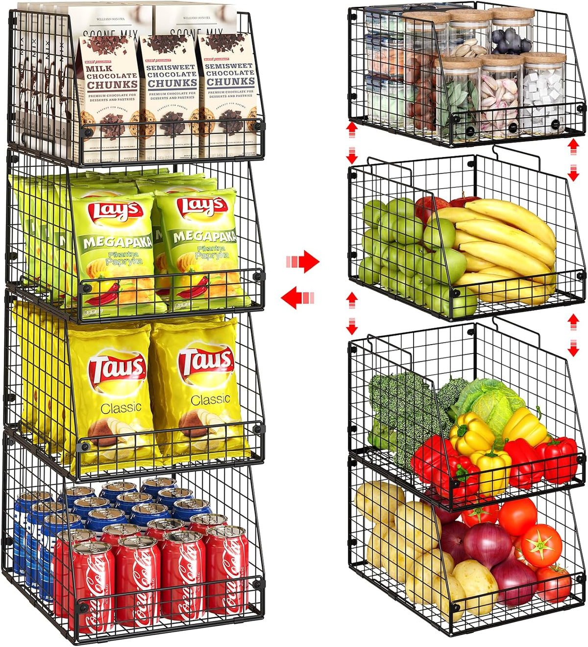 Jakyitvi 5 Pack XXL Stackable Wire Storage Basket, Extra Large Capacity Pantry Organizer and Storage, Muti-Purpose for Fruit Vegetable Basket & Toy Bin & Snack Organizer