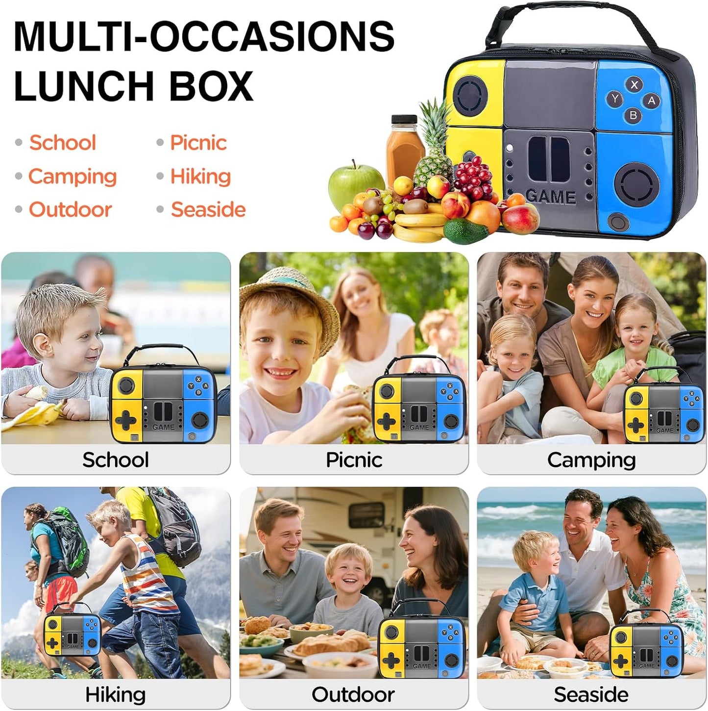Kids Gamer Lunch Box for Boys, Game Console Insulated Lunch Bag, PU Leather Waterproof Lunchbox with Mesh Pocket, Durable Leakproof Lunch Tote Fits Bento Box for School