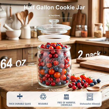2 Pack Cookie Jar, 1/2 Gallon Glass Storage Containers with Airtight Lids, Wide Mouth Food Jars & Canisters for Kitchen, Pantry, Apothecary, Flour, Sugar, Sourdough Starter, Dog Treat, Half Gallon