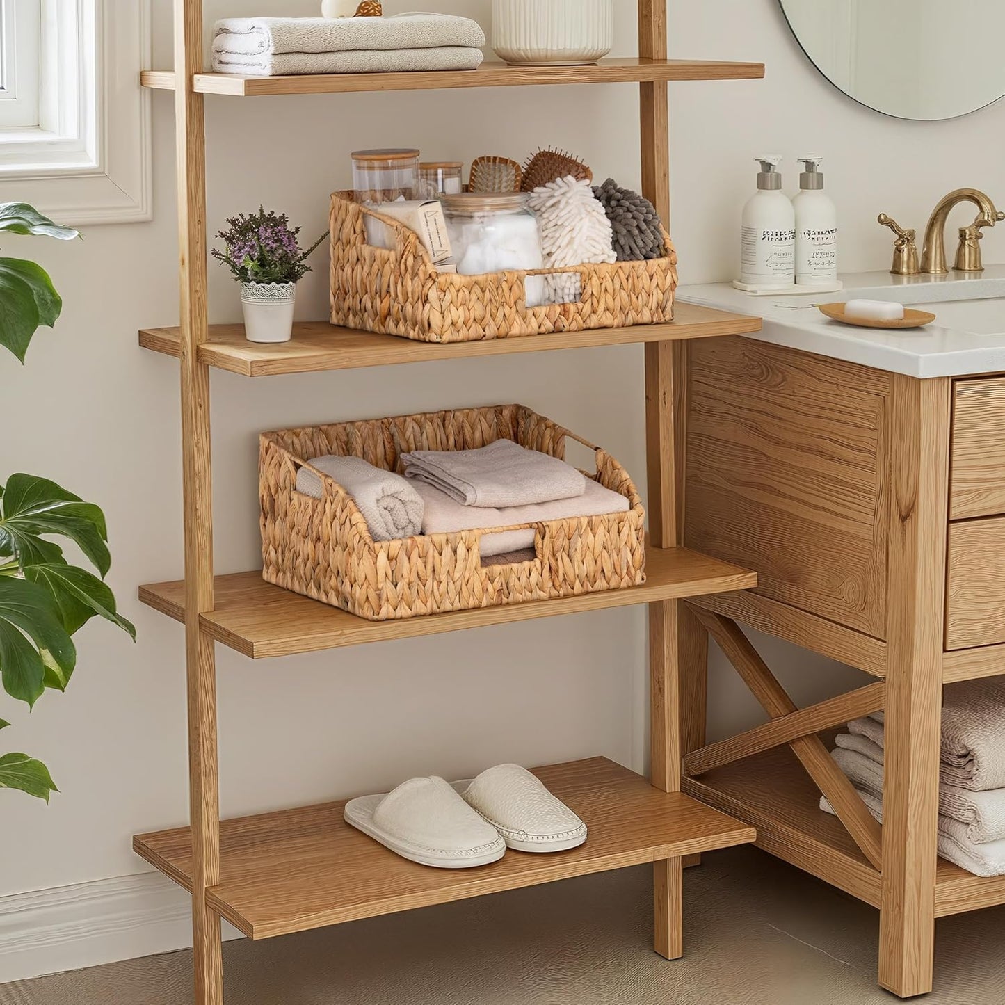 StorageWorks Water Hyacinth Pantry Storage Baskets, Wicker Baskets with Built-in Handles, Handwoven Shelf Baskets for Organizing, Pantry Organizers and Storage, 3 Pack