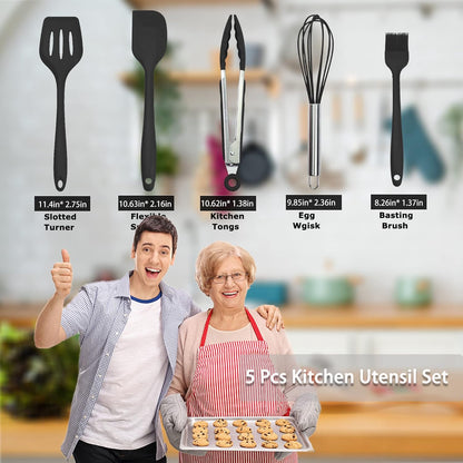 Silicone Kitchen Cooking Utensils Set Kitchen Spatula Set with Holder,5 pcs Heat Resistant Silicone Kitchen Utensils Gadgets Tools Set for Nonstick Cookware,Dishwasher Safe (Black)
