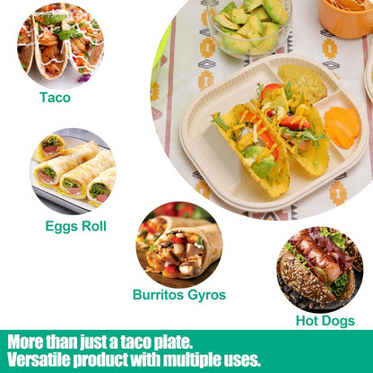 50-Pack Disposable Taco Plates for 2 Tacos & 2 Sides - For Most 4-6 IN Small Hard Shells - Biodegradable Cornstarch Holder Plates - Microwave Safe - Ideal for Fiesta, Bar, Party
