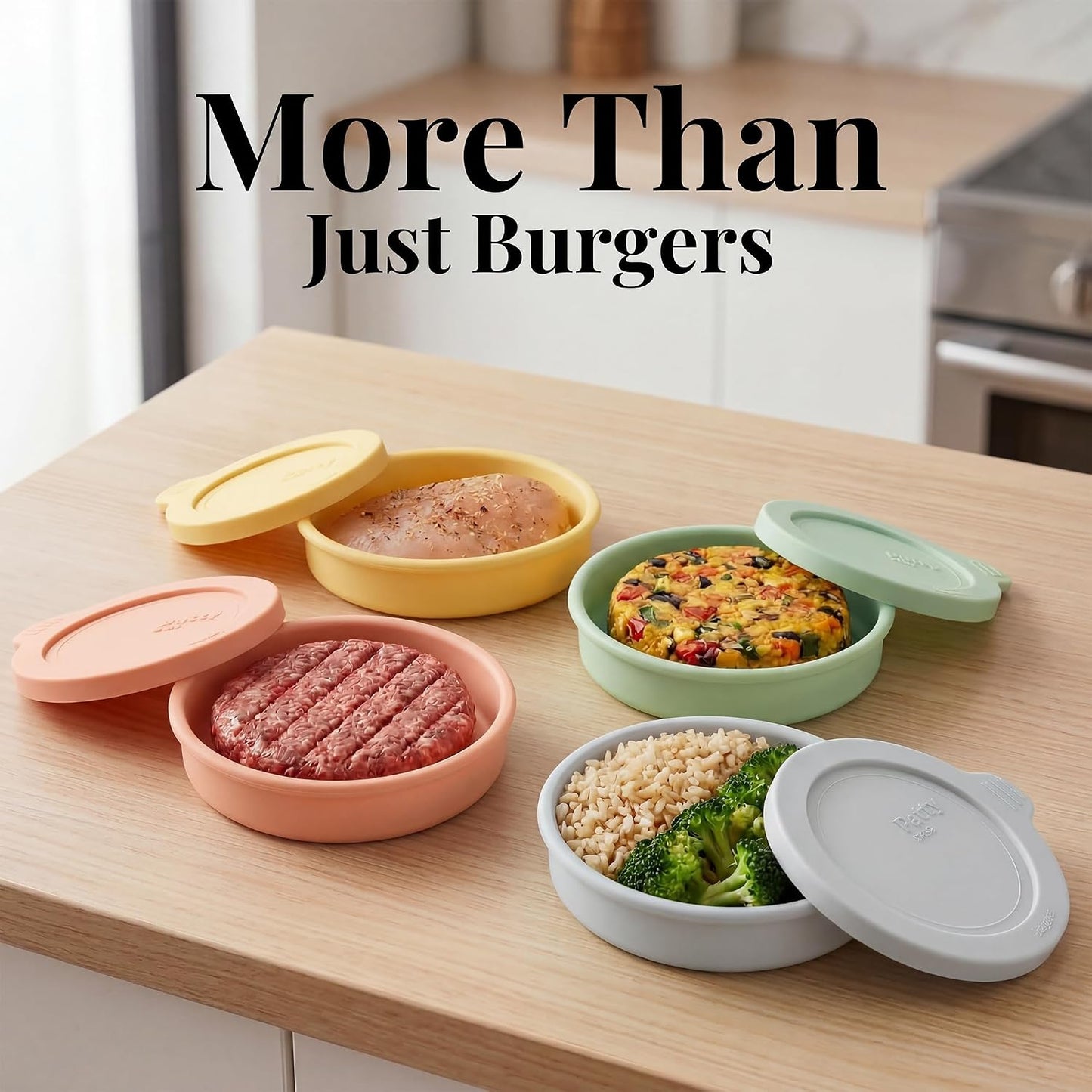 Silicone Burger Patty Mold Set with Lid, Nonstick Burger Press for 1/4 lb Patties, Food-Grade Patty Maker for Beef, Chicken & Veggie Burgers, Food Freezer Container, 4 Pack