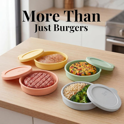 Silicone Burger Patty Mold Set with Lid, Nonstick Burger Press for 1/4 lb Patties, Food-Grade Patty Maker for Beef, Chicken & Veggie Burgers, Food Freezer Container, 4 Pack