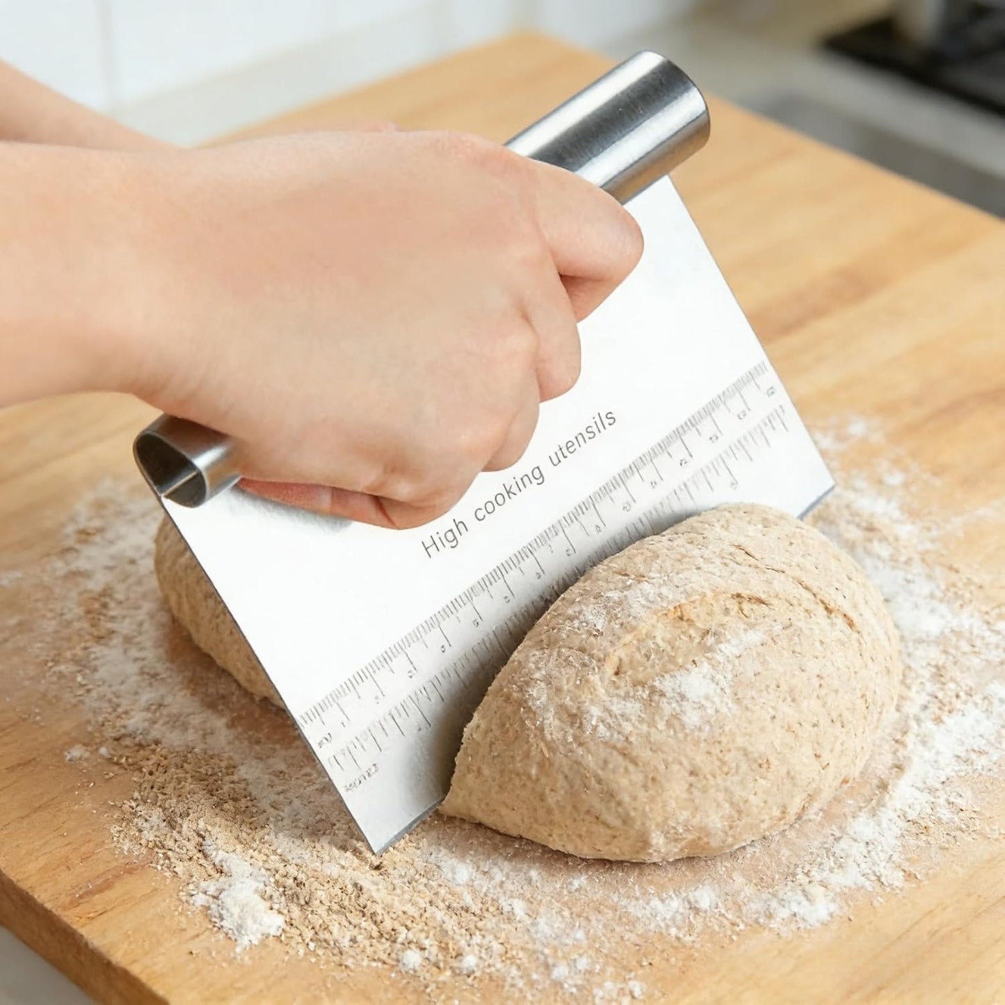 RUPOHIU Dough Scraper for Baking, Stainless Steel Bench Scraper with Measuring Scale - Pizza Cutter, Pastry Chopper for Bread, Cake and Dough, Food Scraper Tool