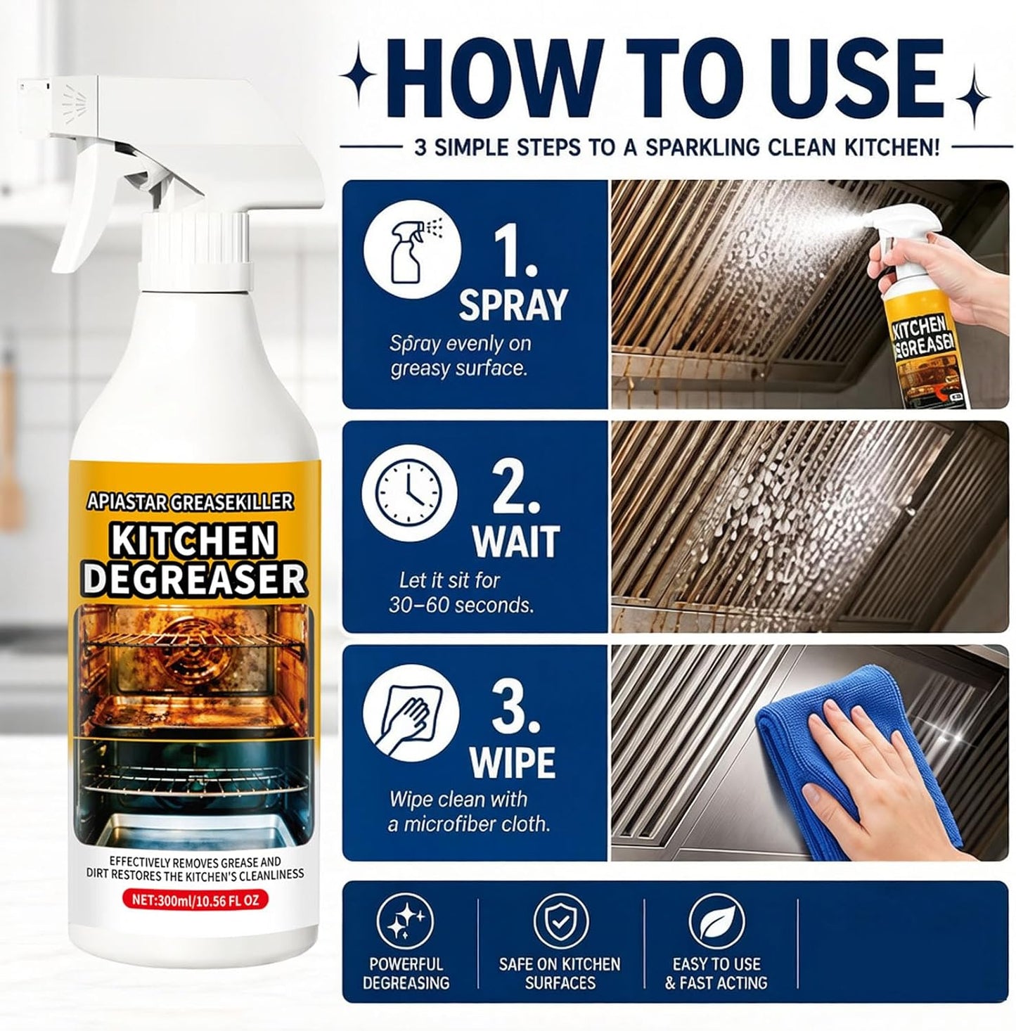 Apiastar Greasekiller Spray,2026 New,300ML/10.56FL.OZ Apiastar Grill Cleaner Spray,Suitable For Greasy Grates, Drip Trays, Sticky Buildup, Exterior Grill Messes(2PCS)