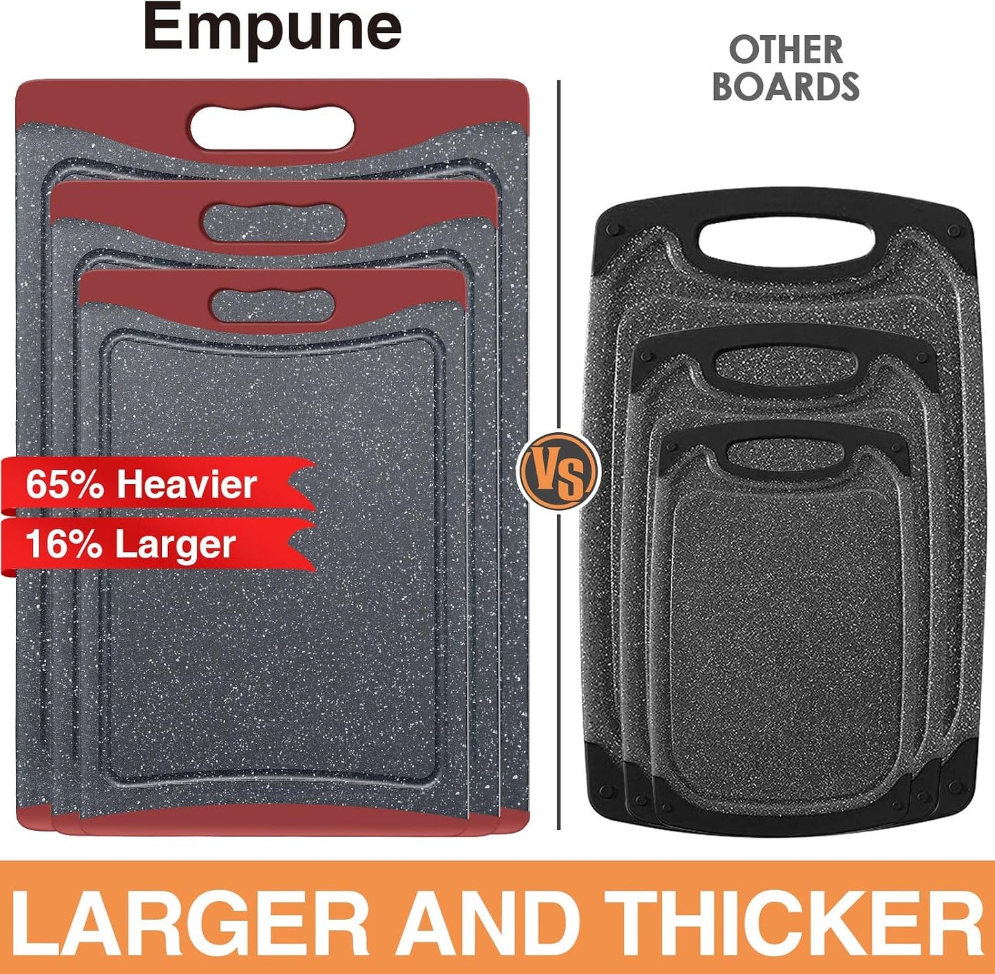 Extra Large Cutting Boards, Plastic Cutting Boards for Kitchen (Set of 3) Cutting Board Set Dishwasher Chopping Board with Juice Grooves Easy-Grip Handles, Dark Grey, Empune