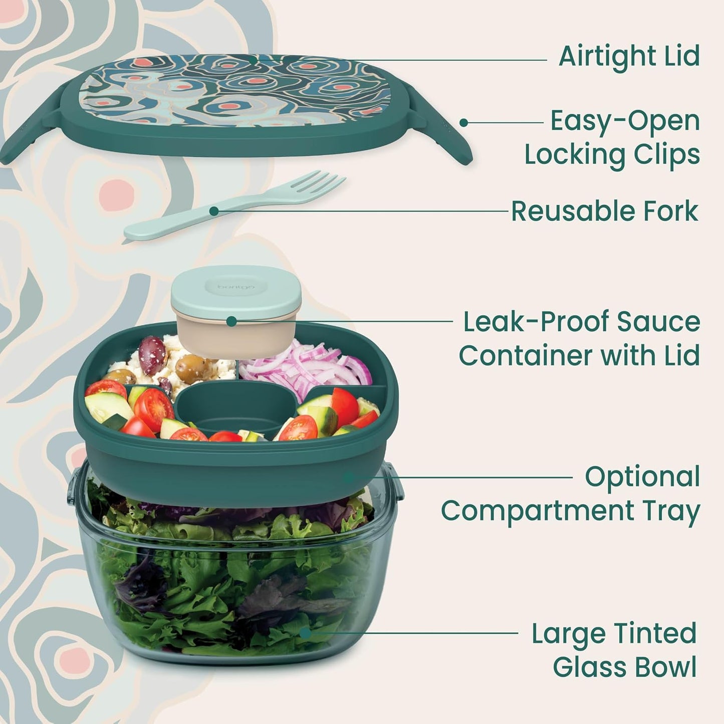 Bentgo Glass Salad Container - 7.6-Cup Salad Bowl with Airtight Lid, Leak-Proof Sauce Container, 4-Compartment Bento Tray & Reusable Fork - BPA-Free for Meal Prep, Office & More (Light Blue)
