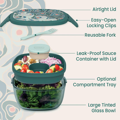 Bentgo Glass Salad Container - 7.6-Cup Salad Bowl with Airtight Lid, Leak-Proof Sauce Container, 4-Compartment Bento Tray & Reusable Fork - BPA-Free for Meal Prep, Office & More (Light Blue)