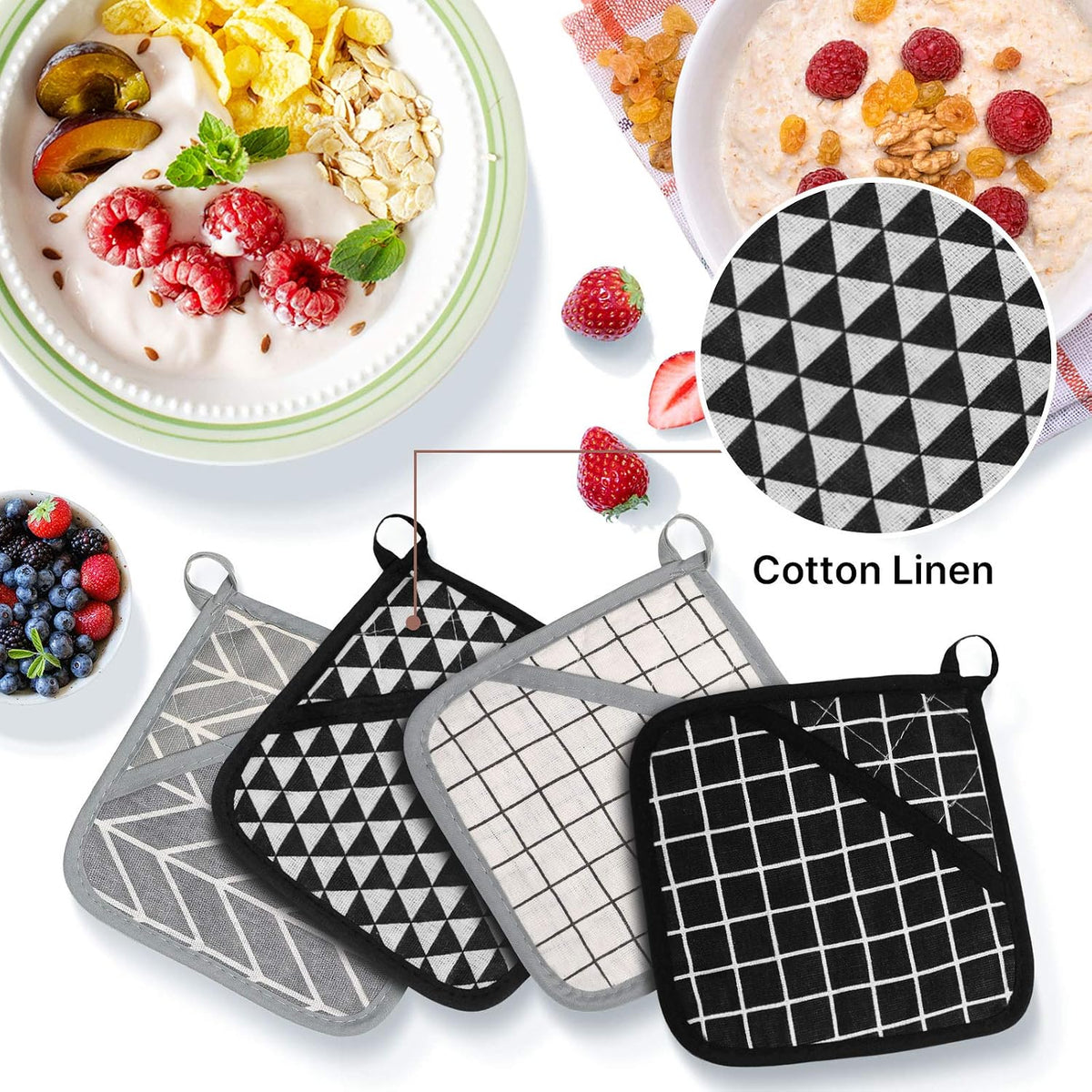Patelai 7 Pcs Kitchen Pot Holders and Heat Resistant Pocket Mitt with Hanging Loop Washable Square Hot Pot Holder Round Woven Hot Pads for Kitchen Cooking Dinning Baking, Black, White and Gray