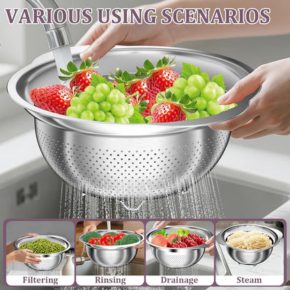 4-1 Colander with Bowl & Spoons Set - Rotatable Colander for kitchen with New Upgraded Graters, Food Strainer(Patented) for Pasta, Fruits, Vegetables, Funny Presents for Women, Beige