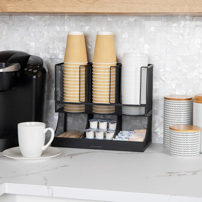 Mind Reader Cup and Condiment Station, 13 Inch Countertop Coffee Bar Organizer with 6 Compartments, Storage Caddy for Cups, Lids and Packets, Plastic, Black