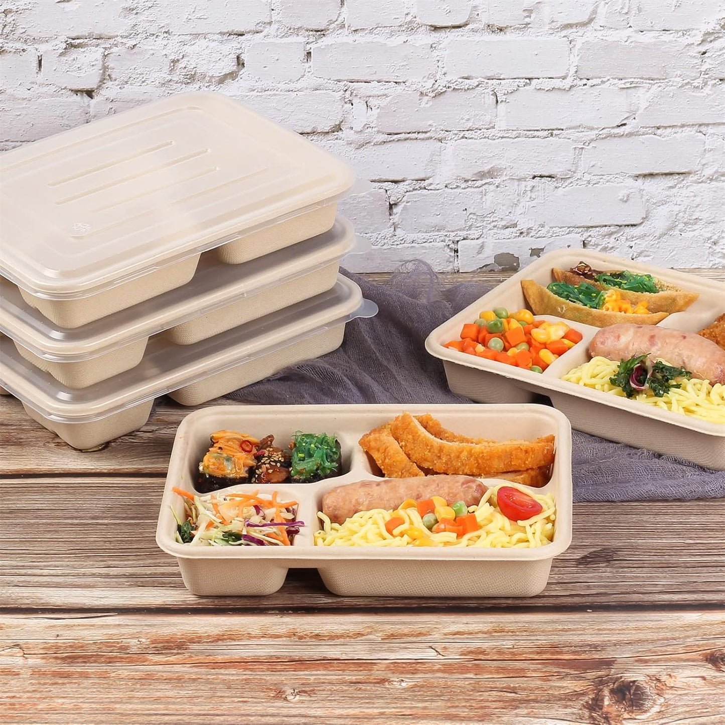 23 oz 3 Compartments disposable plates with Lids Plant Fiber 50 Pack