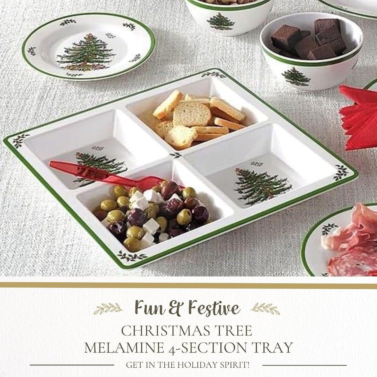 Spode Christmas Tree Melamine Chip and Dip | 14 Inch Serving Platter for Cheese, Appetizers, Chips, Salsa and more, Made of Melamine perfect for Hosting Indoors and Outdoors | Dishwasher safe