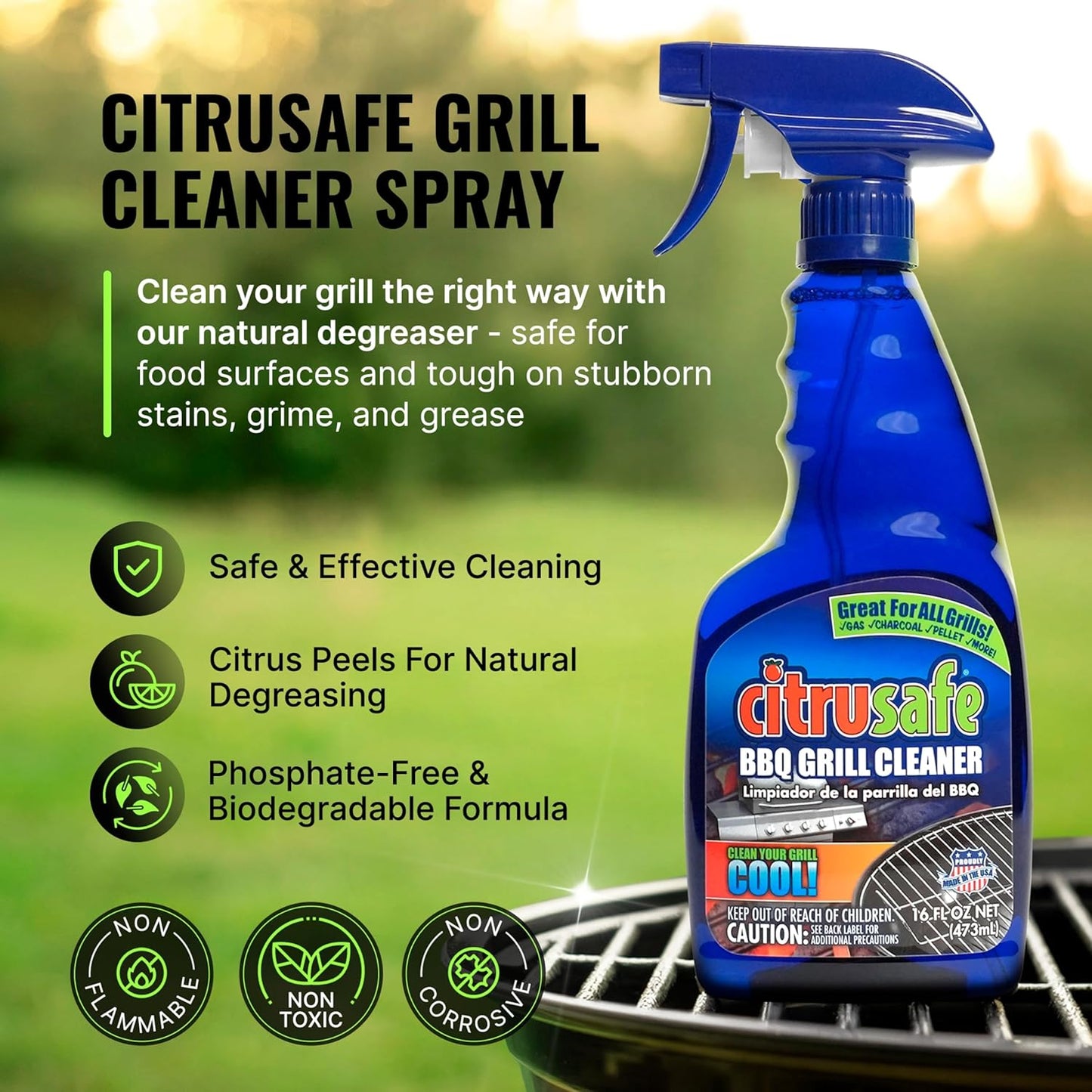 Citrusafe Complete Grill Cleaning Kit - Grill Cleaner Spray (16oz), Scrubber 3 Pack, Nylon Brush, Cookbox Scraper and Microfiber Cleaning Towel - Tools to Clean BBQ Grill Grates, Smokers, Ovens
