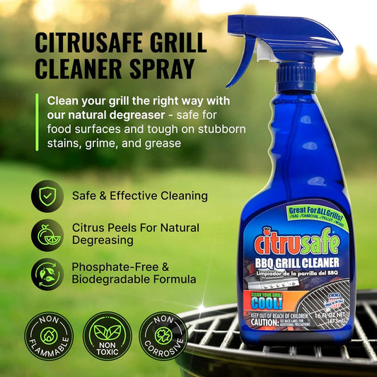 Citrusafe Complete Grill Cleaning Kit - Grill Cleaner Spray (16oz), Scrubber 3 Pack, Nylon Brush, Cookbox Scraper and Microfiber Cleaning Towel - Tools to Clean BBQ Grill Grates, Smokers, Ovens